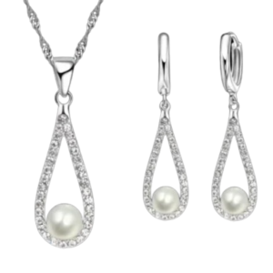 Conjunto de Joias em Prata Cravejado Com Pérolas