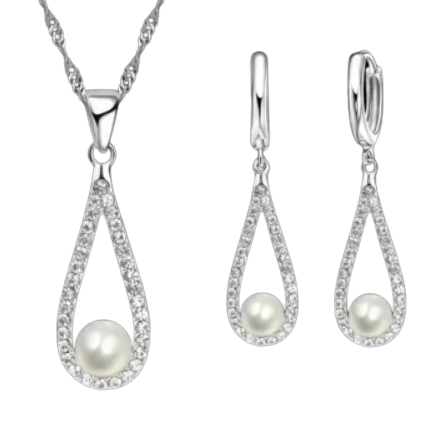 Conjunto de Joias em Prata Cravejado Com Pérolas