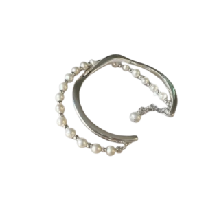 Pulseira de Prata Dupla Lisa e Pérolas