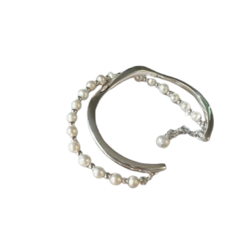 Pulseira de Prata Dupla Lisa e Pérolas