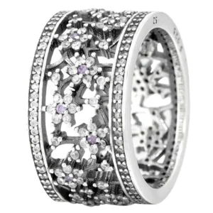 Anel de Prata Largo Flores com Brilhantes