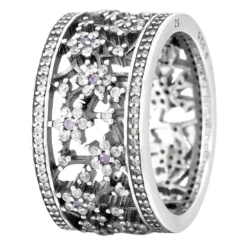 Anel de Prata Largo Flores com Brilhantes