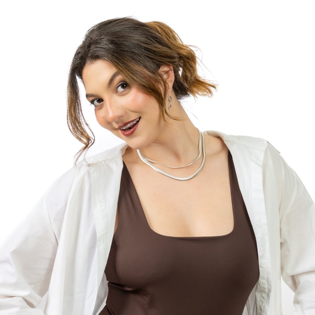 Conjunto com 2 Colares Femininos de Prata 925 Corrente Snake