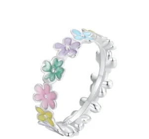 Anel de Prata Esmaltado Flores Coloridas