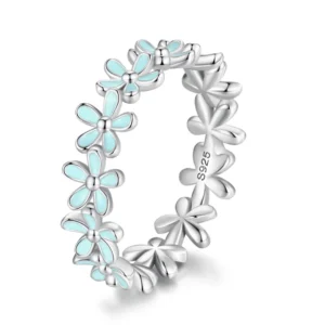 Anel Feminino de Prata 925 Margaridas Esmaltadas