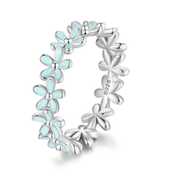 Anel Feminino de Prata 925 Margaridas Esmaltadas