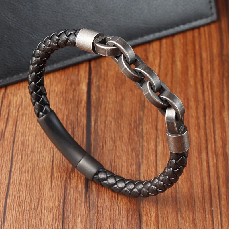 Pulseira Masculina de Aço Inoxidável com Couro Legitimo - Imagem 3