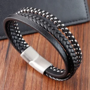 Pulseiras Masculina Tripla de Couro Trabalhada