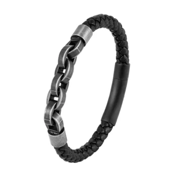 Pulseira Masculina de Aço Inoxidável com Couro Legitimo