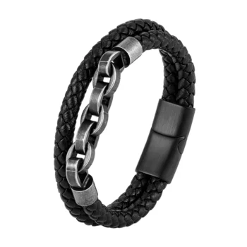 Pulseira Dupla Masculina de Aço Inoxidável com Couro Legitimo